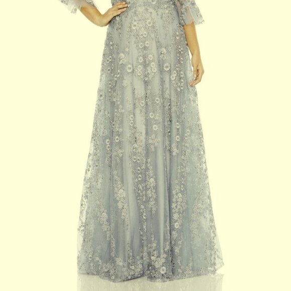 Mac Duggal Platinum Gray Beaded Embroidered Floral A-Line Gown - Picture 2 of 6